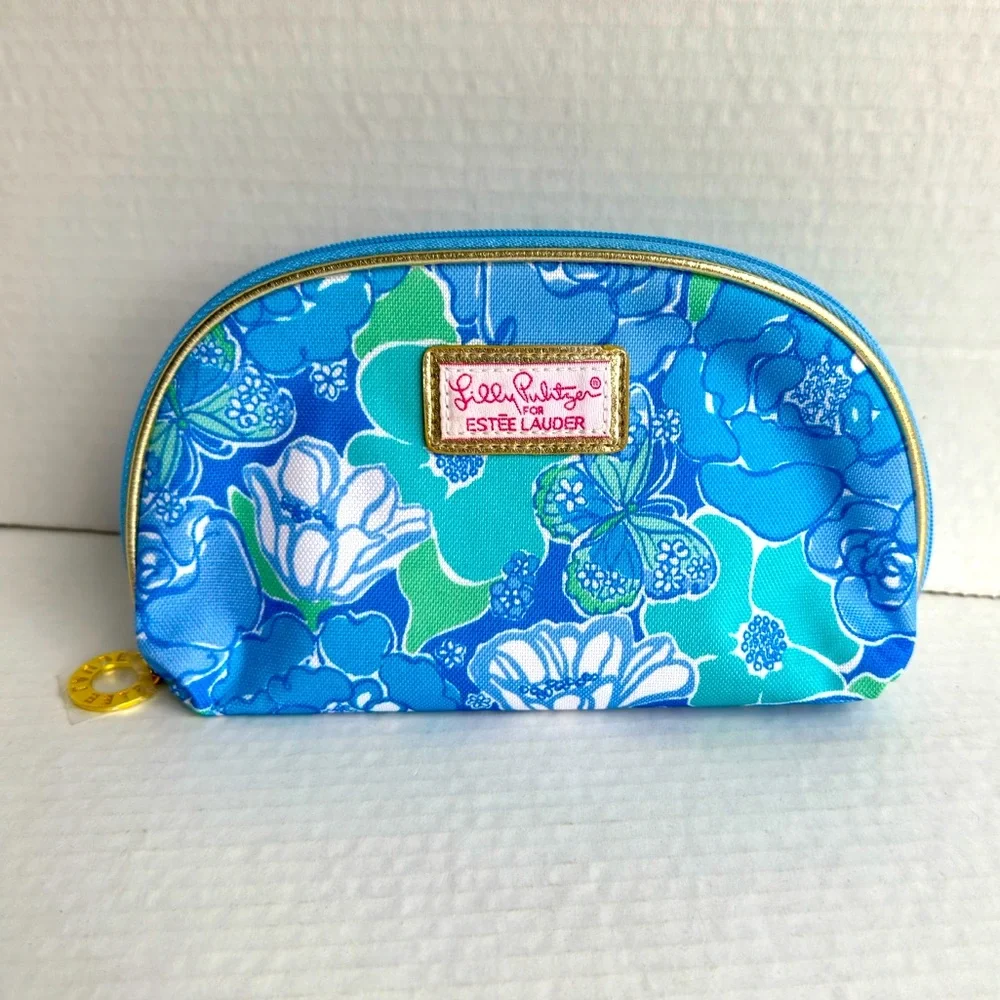 Lilly Pulitzer / Stee Lauder Blue and Green Floral Cosmetic Bag